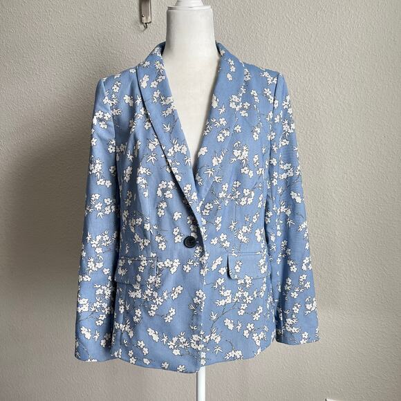 Talbots Blue Floral Single Button Blazer Jacket Women's 8 Business Formal Modest - Picture 1 of 7